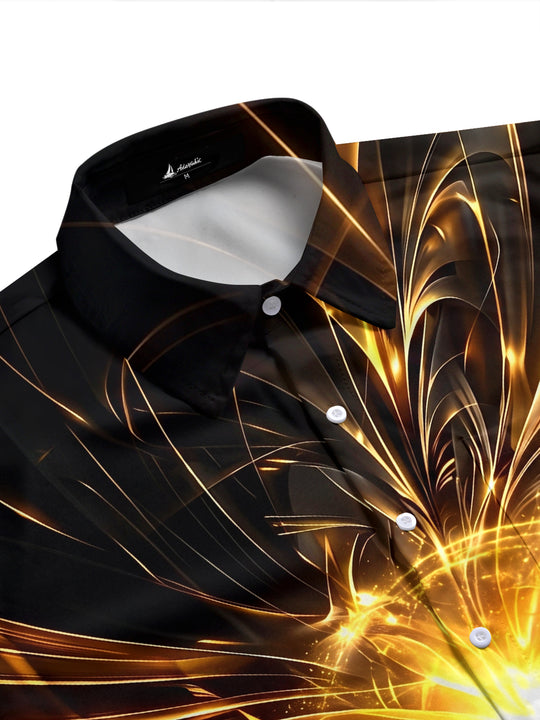 Adaychic Men's 3D Golden Light Burst Print Short Sleeve Shirt with Chest Pocket