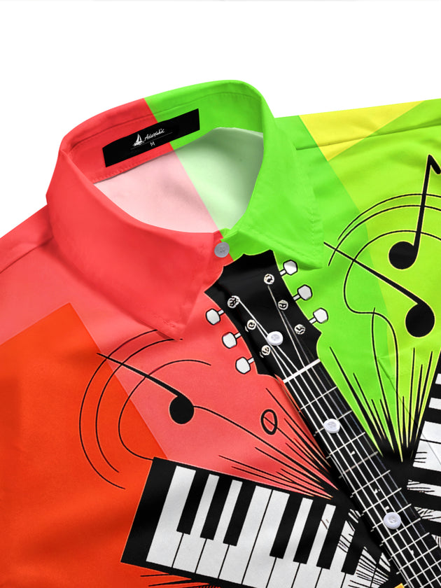 Adaychic Men's Graphic Guitar And Piano Keyboard Print Short Sleeve Shirt with Chest Pocket