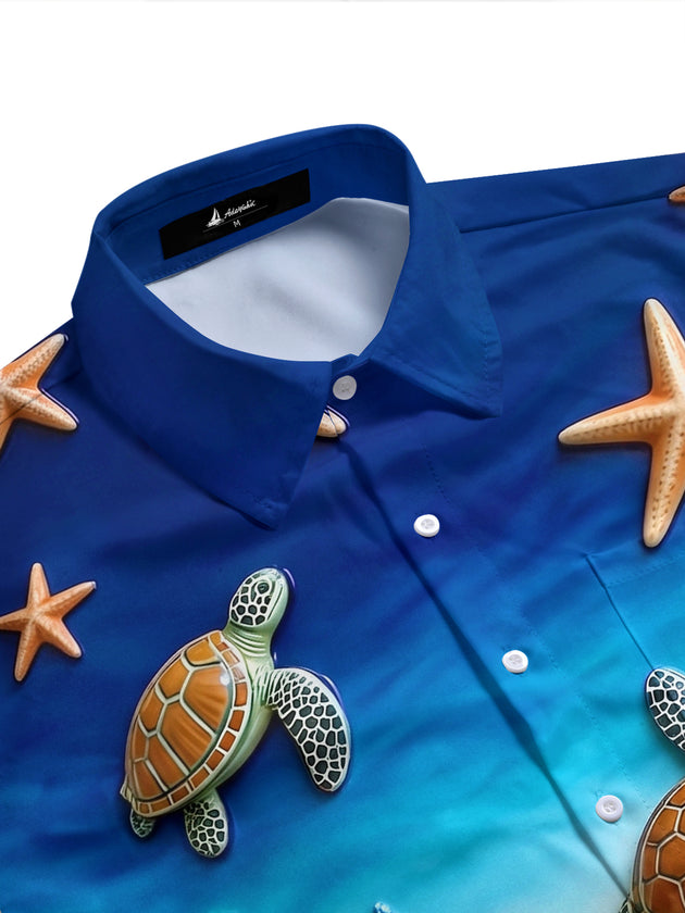 Adaychic Men's Hawaiian 3D Sea Turtle Print Starfish Print Short Sleeve Shirt with Chest Pocket