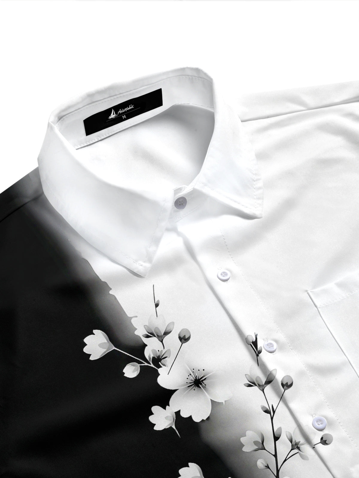 Adaychic Men's Floral Black And White Floral Branch Print Short Sleeve Shirt with Chest Pocket