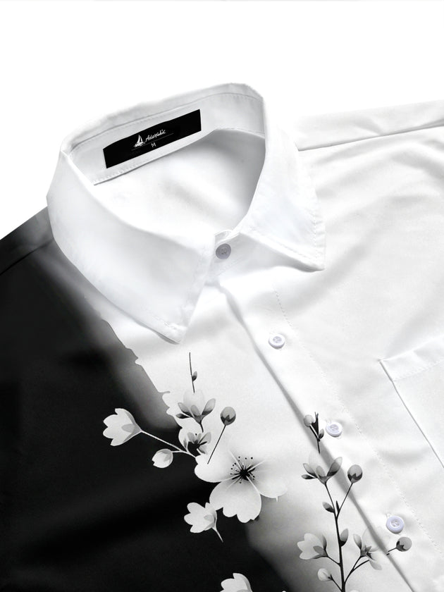 Adaychic Men's Floral Black And White Floral Branch Print Short Sleeve Shirt with Chest Pocket