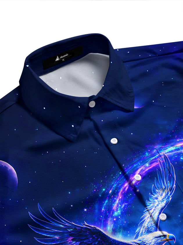 Adaychic Men's Graphic Eagle And Wolf In Cosmic Galaxy Print Long Sleeve Shirt with Chest Pocket