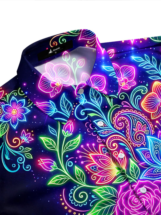 Adaychic Men's Printed Neon Floral Paisley Print Long Sleeve Shirt with Chest Pocket