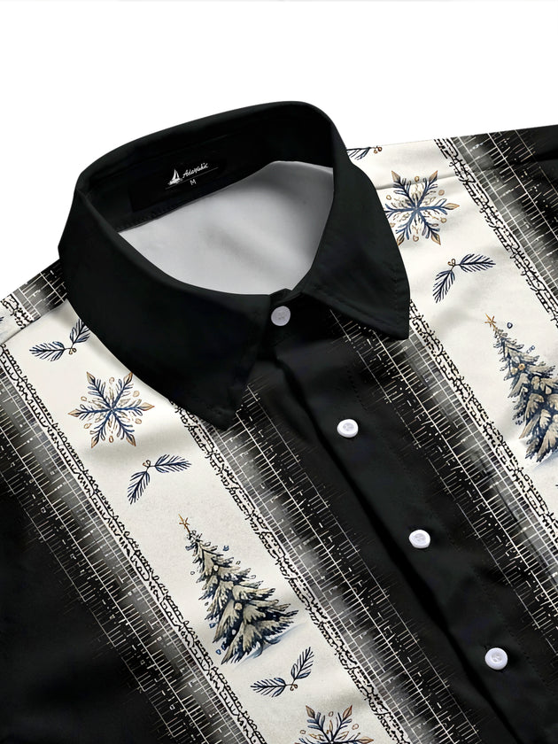 Adaychic Men's Printed Christmas Trees And Snowflakes Print Long Sleeve Shirt with Chest Pocket