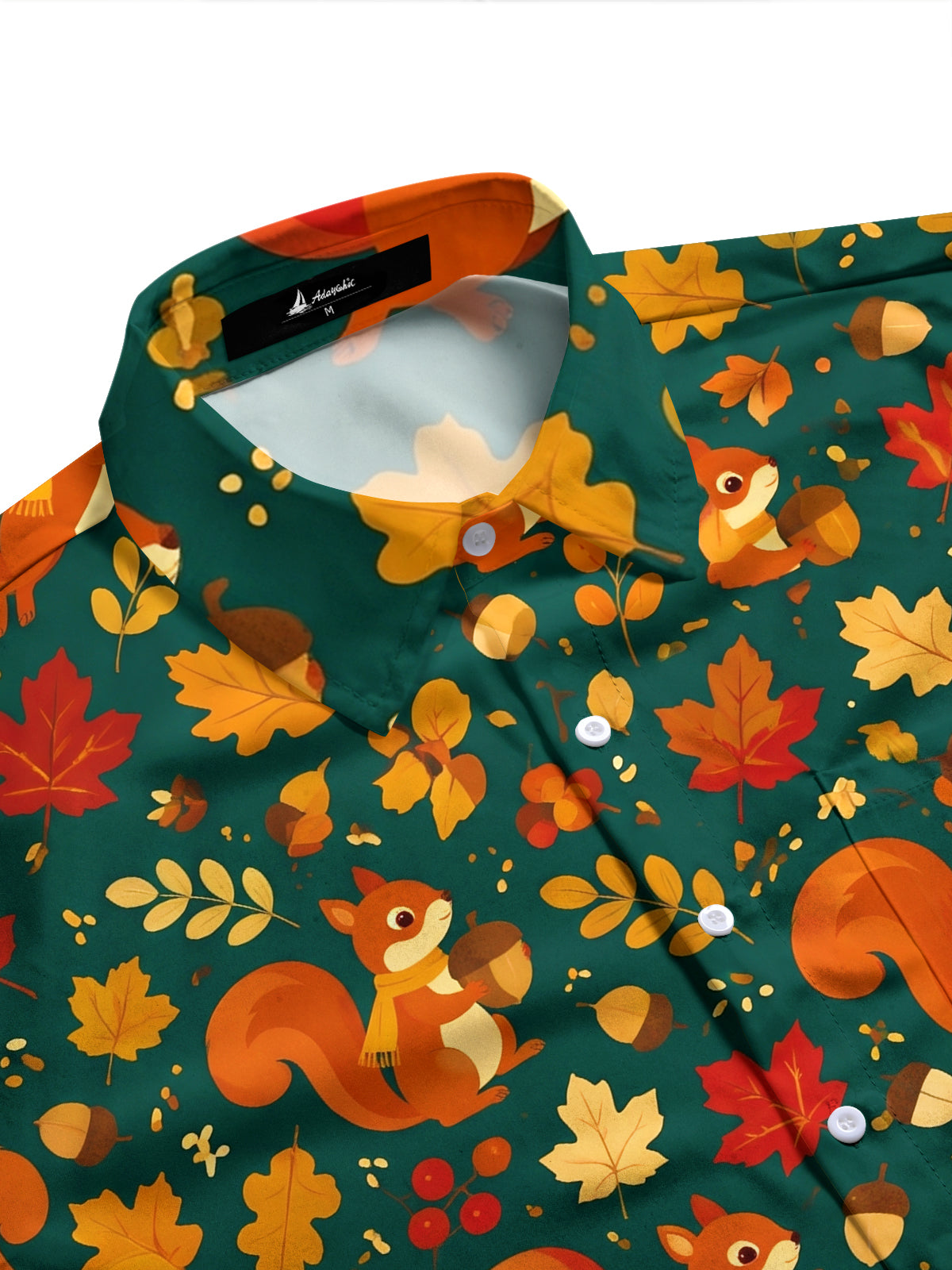Adaychic Men's Autumn Squirrel And Maple Leaf Pattern Long Sleeve Shirt with Chest Pocket