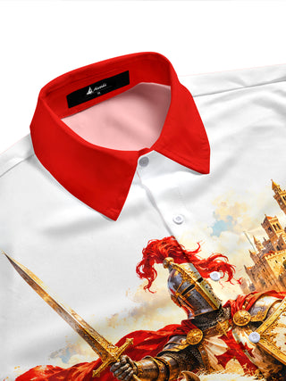Adaychic Men's Short Sleeve Shirt - Templar Knight On Horseback With Ancient City Print with Chest Pocket