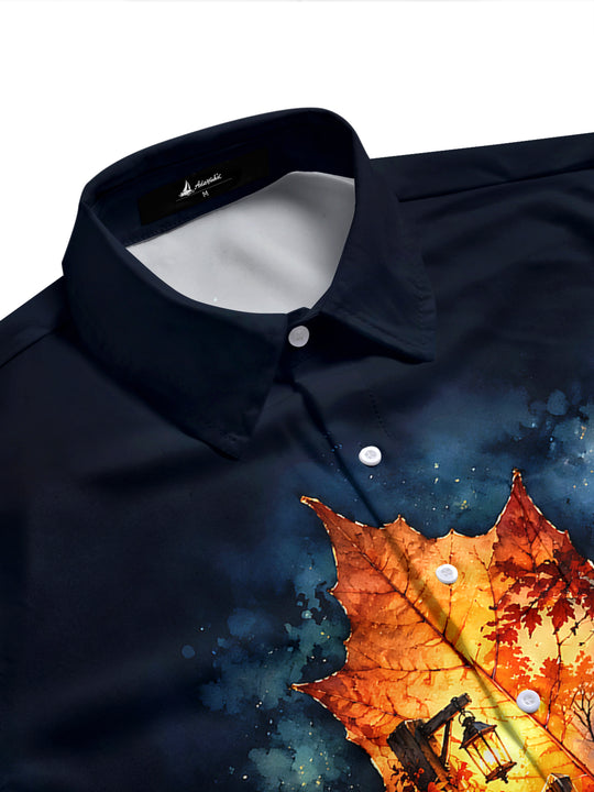 Adaychic Men's Short Sleeve Shirt - Halloween Black Cat And Jack-o-lantern Pumpkin Print with Chest Pocket