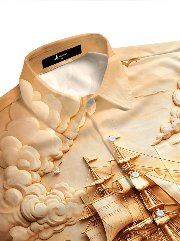 Adaychic Men's Short Sleeve Shirt - Vintage Military Soldier And Sailing Ship Relief Print with Chest Pocket
