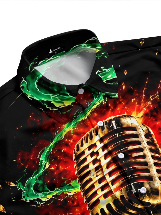 Adaychic Men's Long Sleeve Shirt - Vintage Microphone With Green Energy And Gold Crystals Print with Chest Pocket