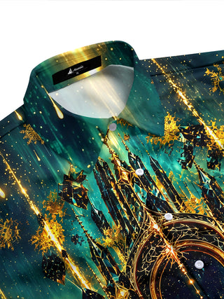 Adaychic Men's Gothic Castle Architecture And Night Sky Print Long Sleeve Shirt with Chest Pocket