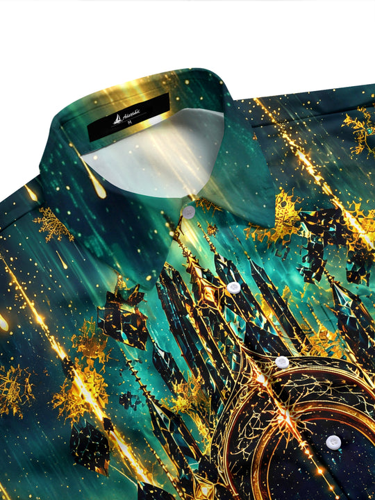 Adaychic Men's Gothic Castle Architecture And Night Sky Print Long Sleeve Shirt with Chest Pocket