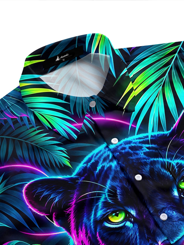 Adaychic Men's Neon Black Panther And Tropical Leaves Print Short Sleeve Shirt with Chest Pocket