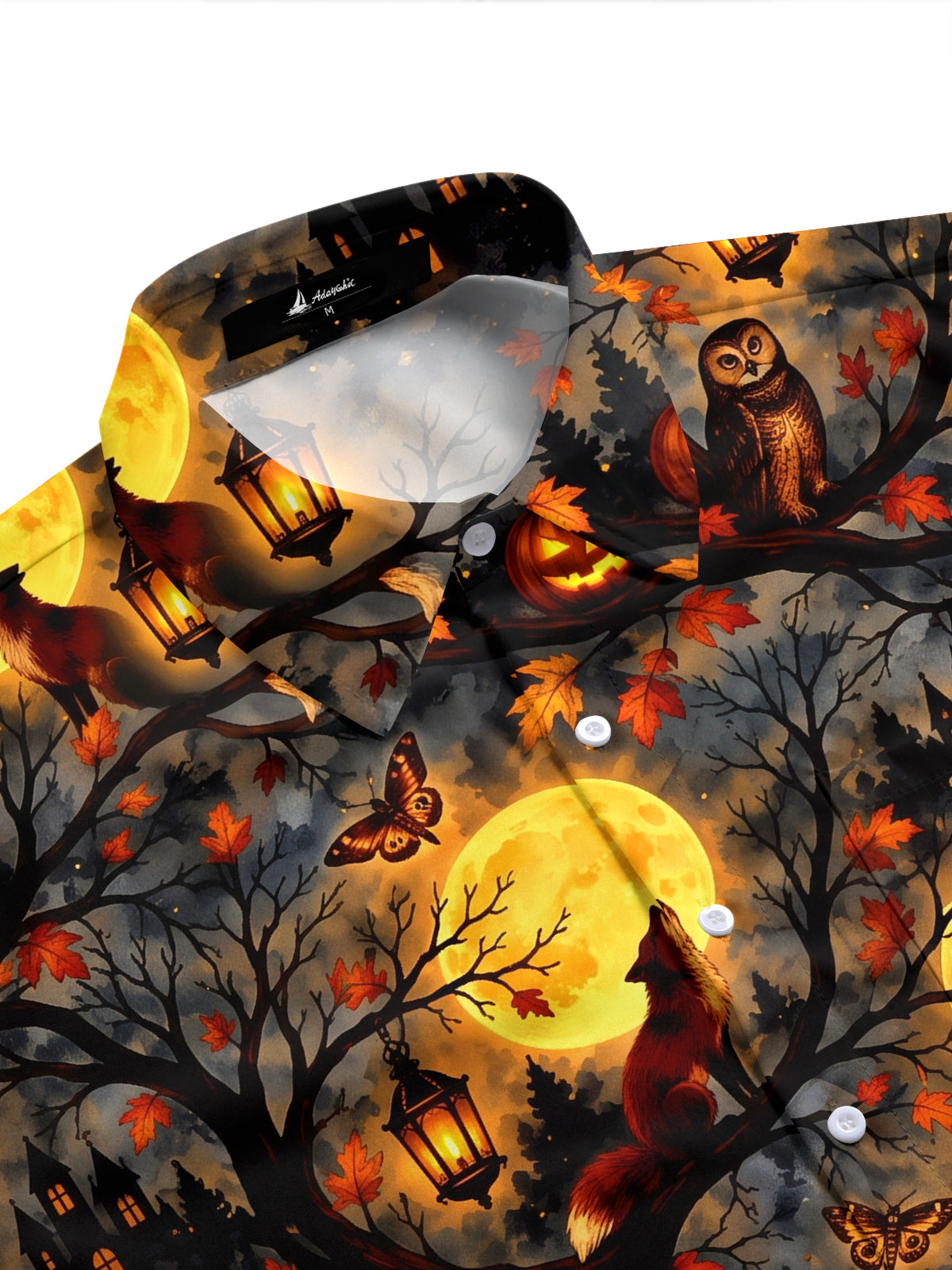Adaychic Men's Short Sleeve Shirt - Halloween Foxes And Owls In Moonlit Forest Print with Chest Pocket