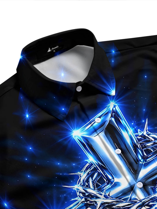 Adaychic Men's Glowing Blue Cross And Crown Of Thorns Print Short Sleeve Shirt with Chest Pocket
