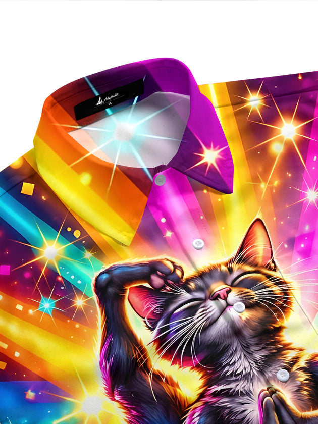 Adaychic Men's Graphic Yoga Cat With Disco Background Print Short Sleeve Shirt with Chest Pocket