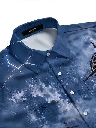 Adaychic Men's Vintage Style Sailing Ship Print Long Sleeve Shirt with Chest Pocket