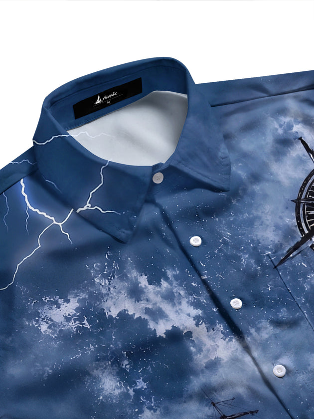 Adaychic Men's Vintage Style Sailing Ship Print Long Sleeve Shirt with Chest Pocket