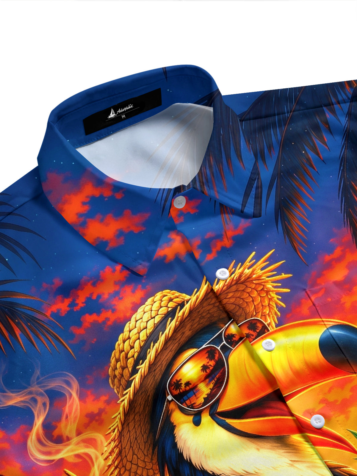 Adaychic Men's Short Sleeve Stand Collar Shirt - Big-billed Bird With Sunglasses And Straw Hat Print with Chest Pocket