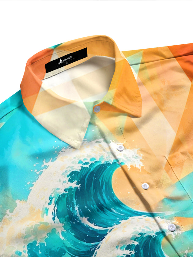 Adaychic Men's Hawaiian Geometric Watercolor Waves Print Long Sleeve Shirt with Chest Pocket