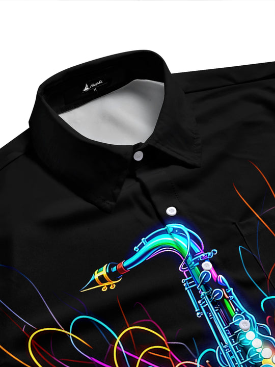 Adaychic Men's Graphic Neon Saxophone Print Short Sleeve Shirt with Chest Pocket