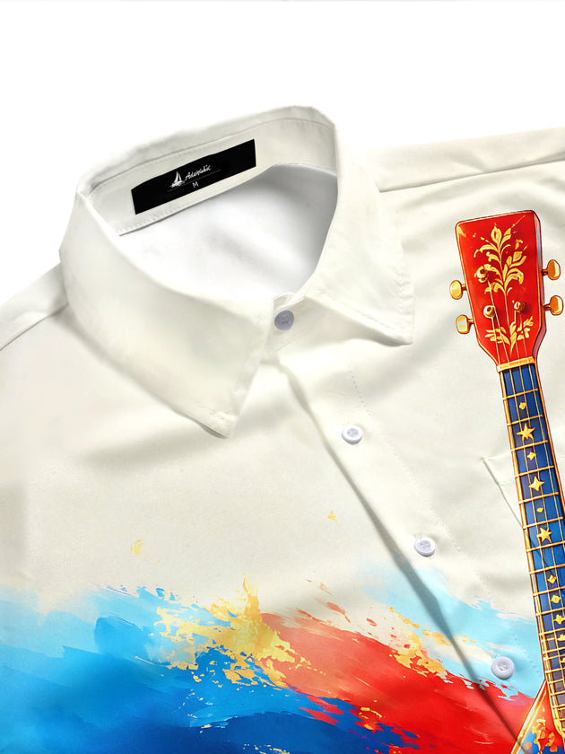 Adaychic Men's Graphic Balalaika Instrument Print Short Sleeve Shirt with Chest Pocket