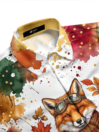Adaychic Men's Graphic Fox With Goggles And Scarf Print Long Sleeve Shirt with Chest Pocket