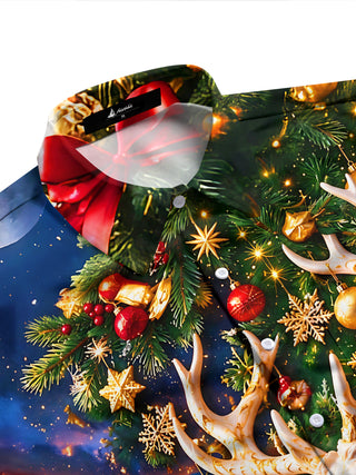 Adaychic Men's Long Sleeve Shirt - Golden White Deer And Christmas Ornaments Print with Chest Pocket