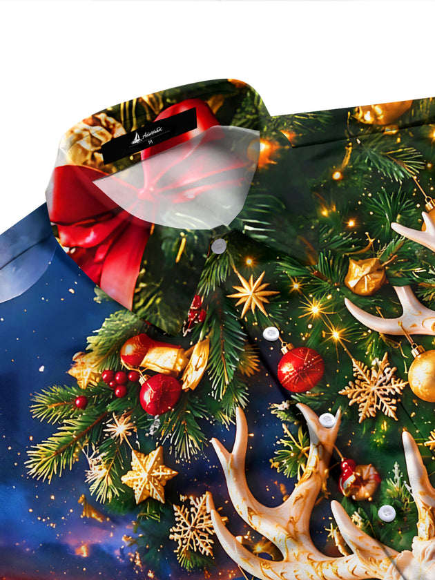 Adaychic Men's Long Sleeve Shirt - Golden White Deer And Christmas Ornaments Print with Chest Pocket