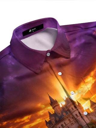 Adaychic Men's Printed Castle And Waterfall Landscape Print Long Sleeve Shirt with Chest Pocket