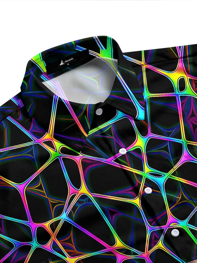 Adaychic Men's Abstract Neon Geometric Web Print Long Sleeve Shirt with Chest Pocket