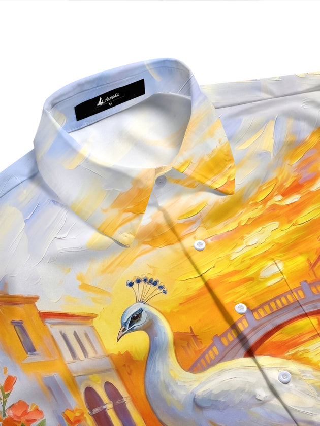 Adaychic Men's White Peacock And Venice Canal Scene Print Short Sleeve Shirt with Chest Pocket