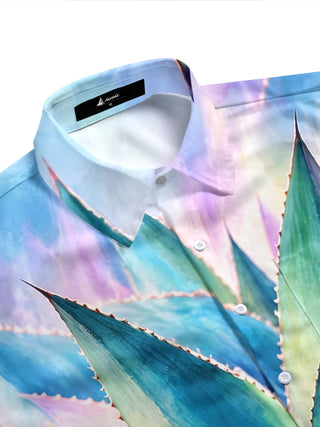 Adaychic Men's Hawaiian Agave Plant Leaves Print Short Sleeve Shirt with Chest Pocket