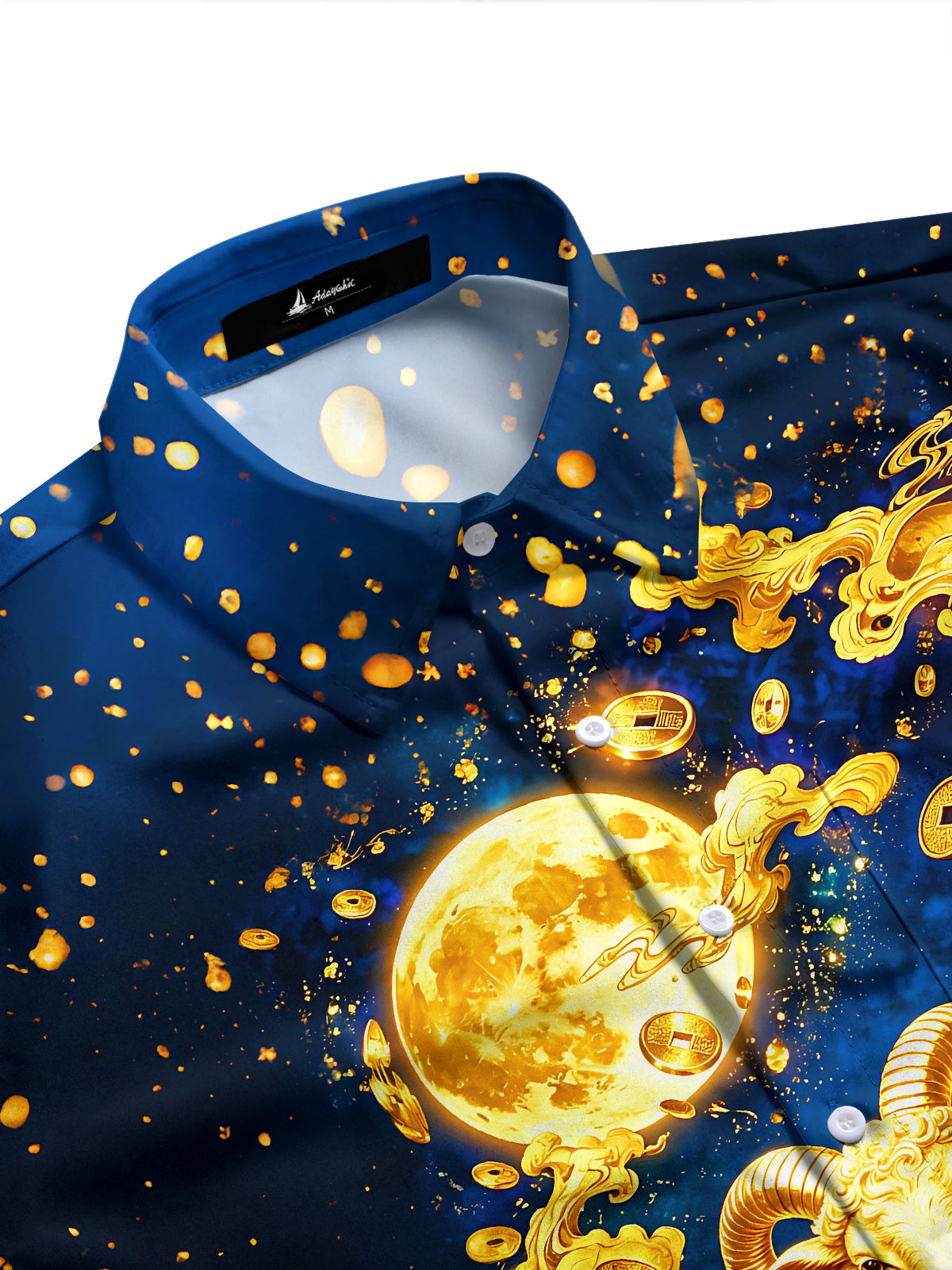 Adaychic Men's Printed Golden Sheep Print Full Moon Print Long Sleeve Shirt with Chest Pocket