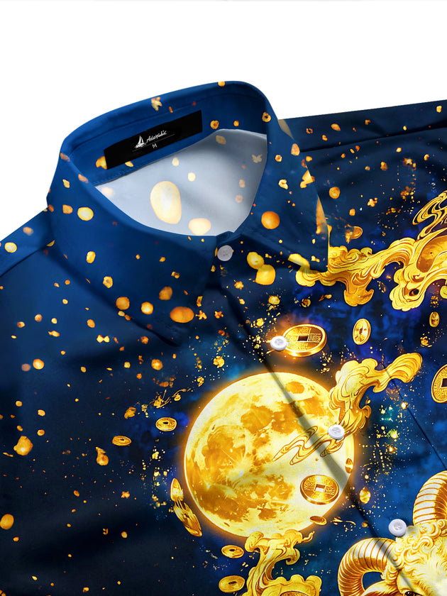 Adaychic Men's Printed Golden Sheep Print Full Moon Print Long Sleeve Shirt with Chest Pocket