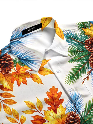 Adaychic Men's Long Sleeve Shirt - Autumn Maple Leaves And Winter Pine Cones With Pine Needles Print with Chest Pocket