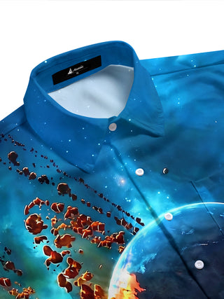Adaychic Men's 3D Explosion Planet Print Short Sleeve Shirt with Chest Pocket