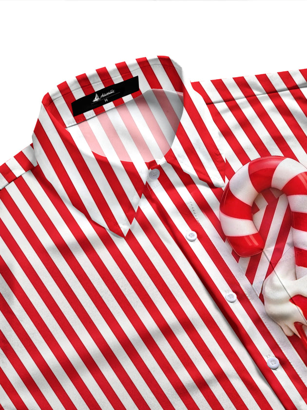 Adaychic Men's Striped Candy Cane Print Long Sleeve Shirt with Chest Pocket