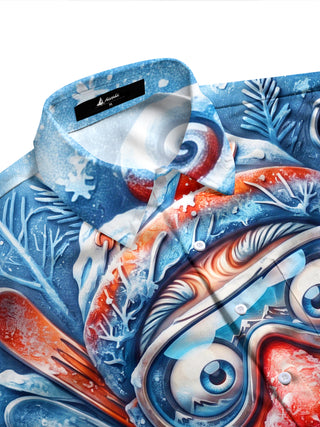 Adaychic Men's Long Sleeve Shirt - Funny Cartoon Santa Claus With Ski Goggles And Skis Print with Chest Pocket