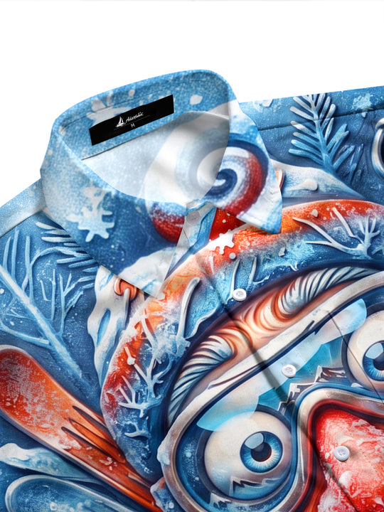 Adaychic Men's Long Sleeve Shirt - Funny Cartoon Santa Claus With Ski Goggles And Skis Print with Chest Pocket