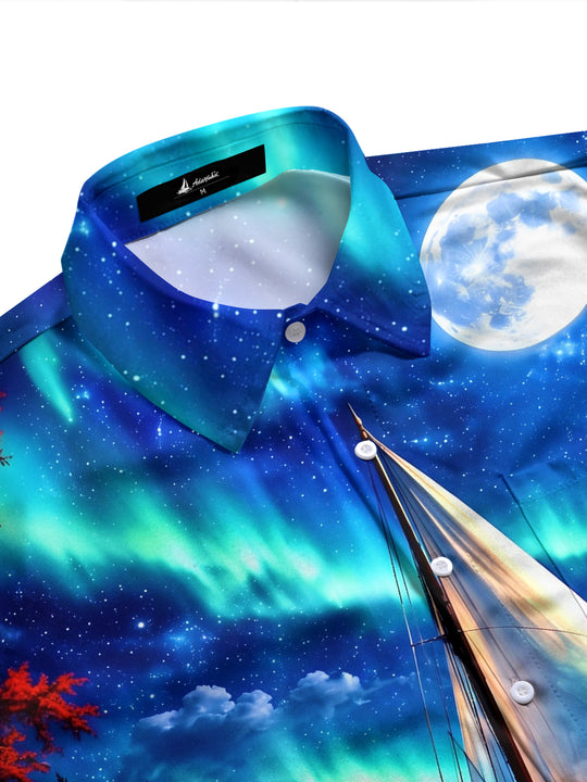 Adaychic Men's Long Sleeve Shirt - Sailing Boat On Lake With Aurora Borealis Print with Chest Pocket