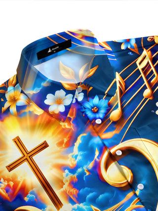 Adaychic Men's Hawaiian Bass Guitar And Musical Notes Print Short Sleeve Shirt with Chest Pocket