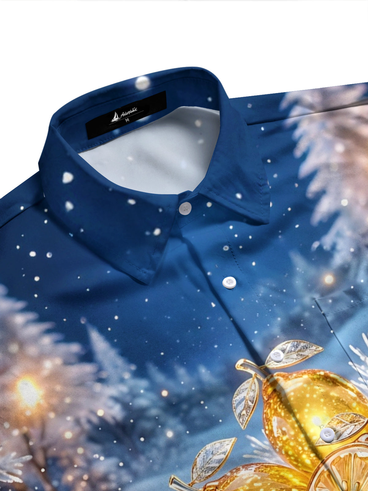 Adaychic Men's Long Sleeve Shirt - Golden Lemons And Pine Cones In Winter Snow Print with Chest Pocket