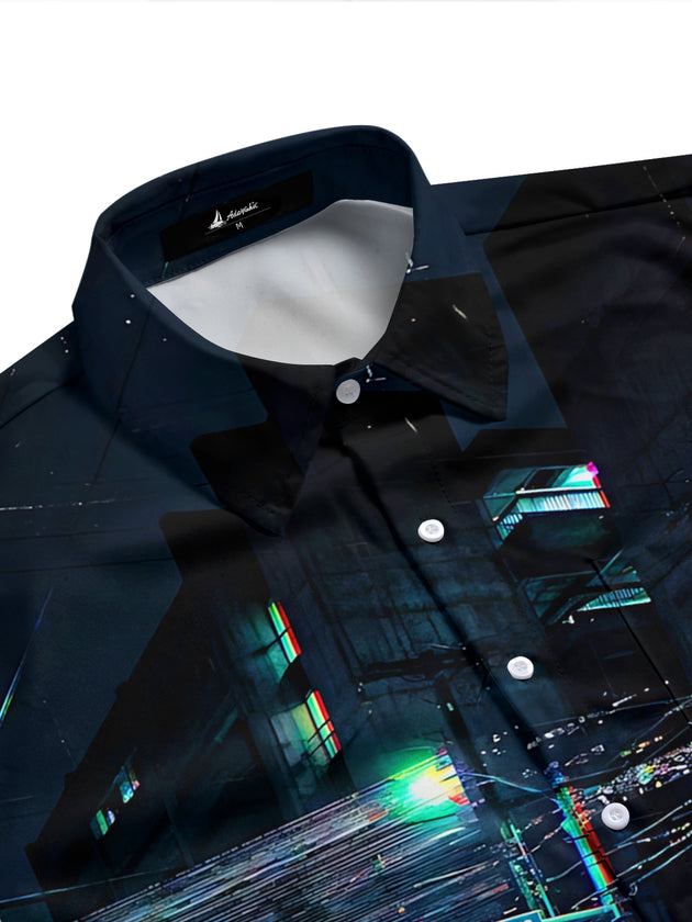 Adaychic Men's Printed Neon City Street Night Scene Print Short Sleeve Shirt with Chest Pocket