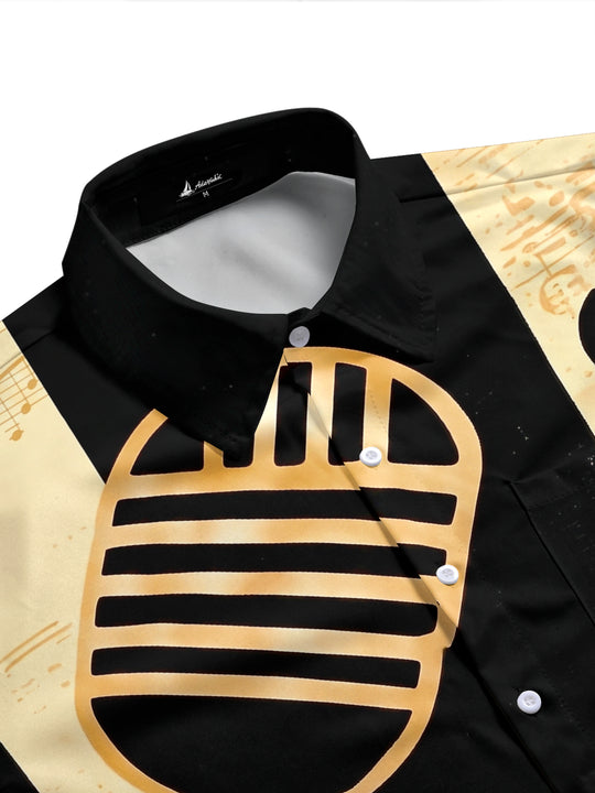 Adaychic Men's Vintage Style Vintage Microphone Print Short Sleeve Shirt with Chest Pocket