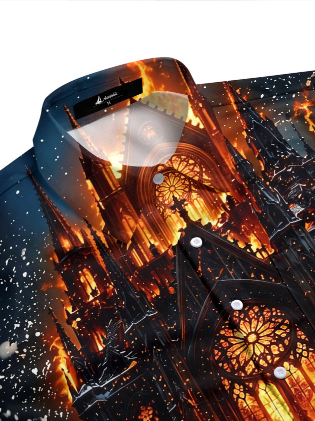 Adaychic Men's Graphic Eagle Print Gothic Cathedral Print Short Sleeve Shirt with Chest Pocket