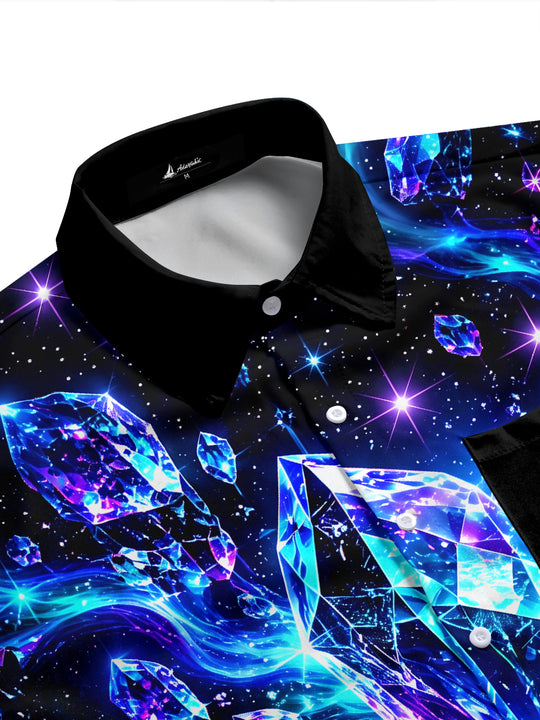 Adaychic Men's Hawaiian Crystal Gems And Galaxy Nebula Print Short Sleeve Shirt with Chest Pocket