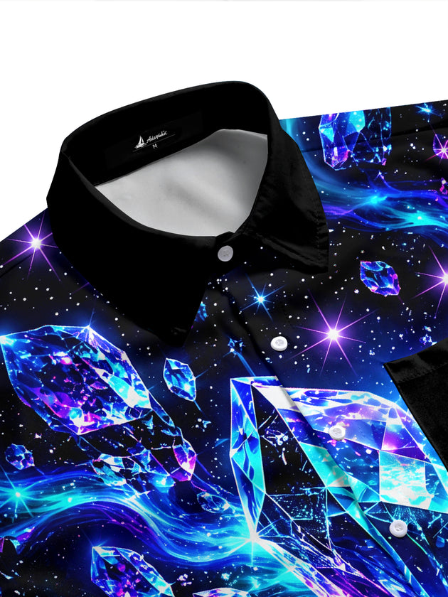 Adaychic Men's Hawaiian Crystal Gems And Galaxy Nebula Print Short Sleeve Shirt with Chest Pocket