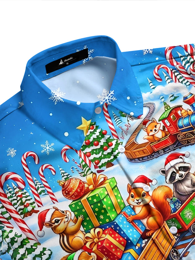 Adaychic Men's Christmas Animals On Train With Gifts Print Long Sleeve Shirt with Chest Pocket