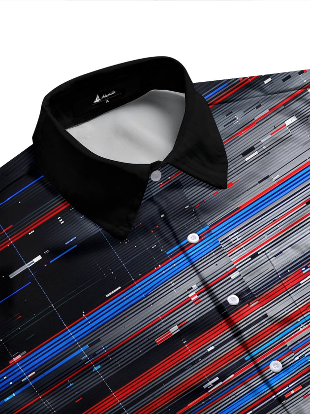 Adaychic Men's Striped Abstract Digital Glitch Lines Print Long Sleeve Shirt with Chest Pocket