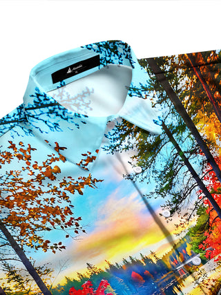 Adaychic Men's Printed Autumn Forest Camping Scene Print Long Sleeve Shirt with Chest Pocket